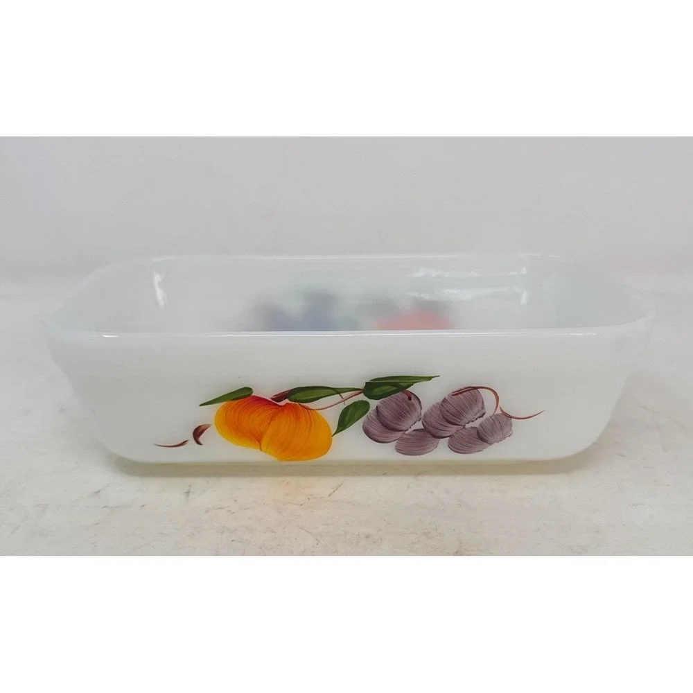 Vintage Fire King Milk Glass Loaf Pan Painted Fruit